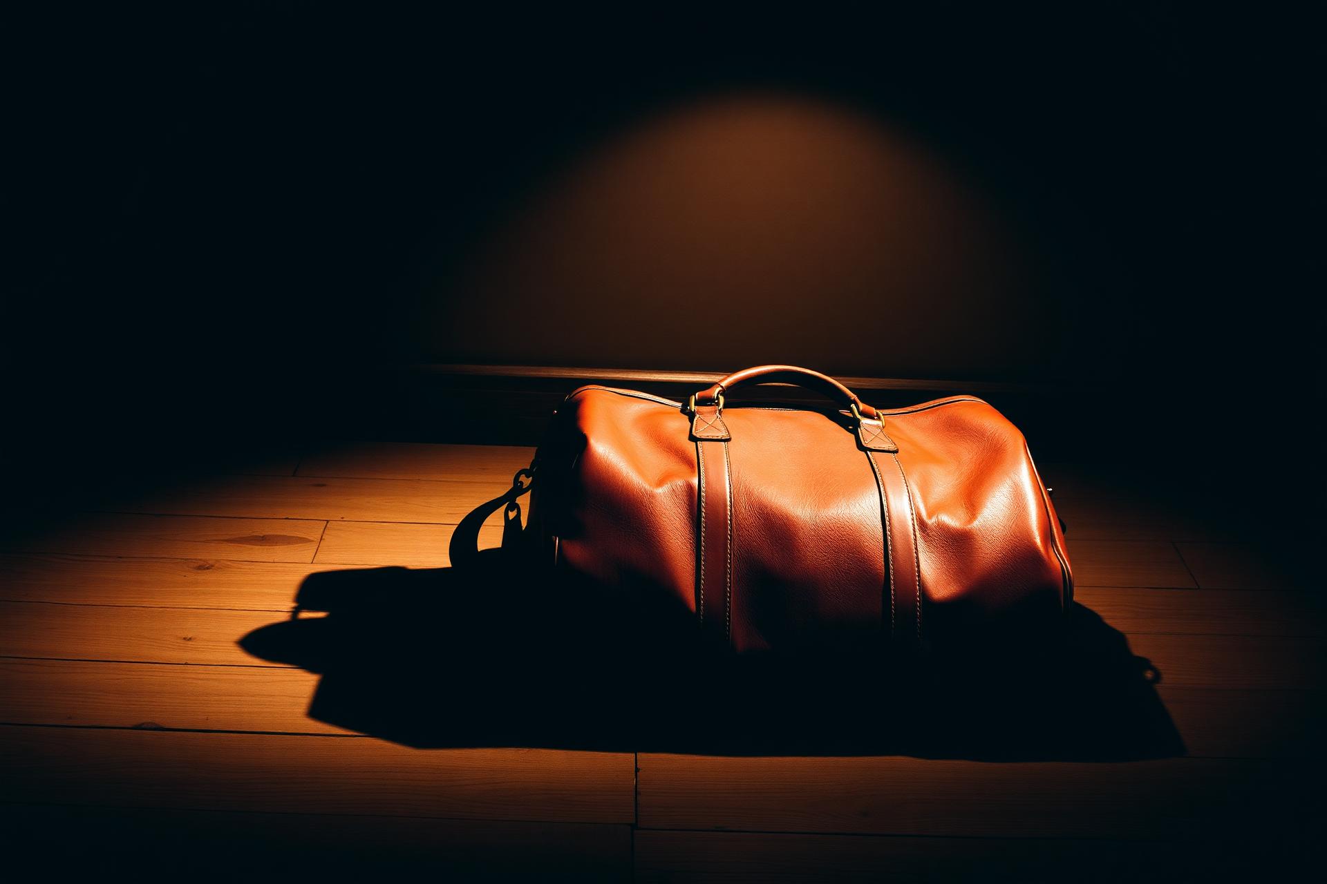 A vintage leather bag under a single spotlight, evoking the border-crossing tension of the memoir
